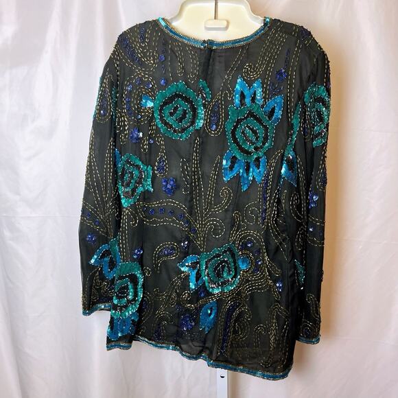 Fantasy by Lisa Kane Vintage XL Silk Beaded Top Black Blue Sequin Floral Beaded - Picture 3 of 16